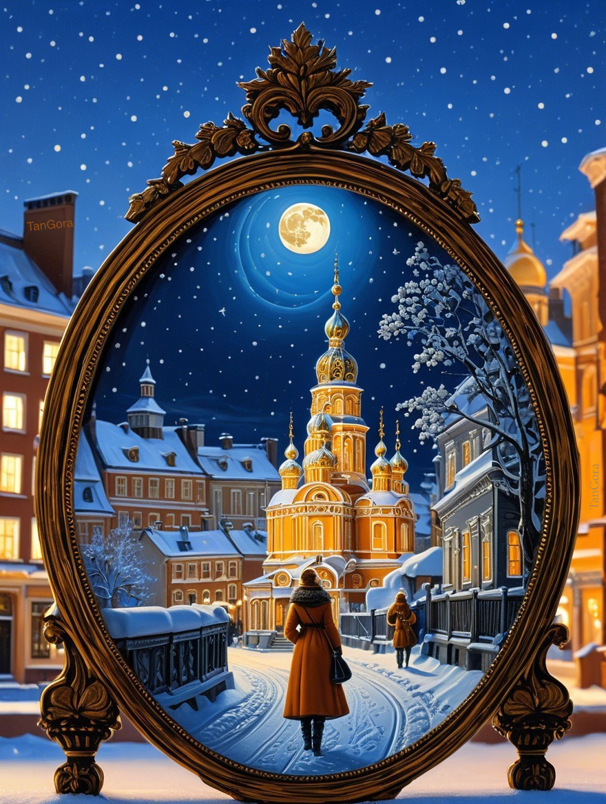 Ornate Mirror Frame Reflects Snowy Cityscape at Night