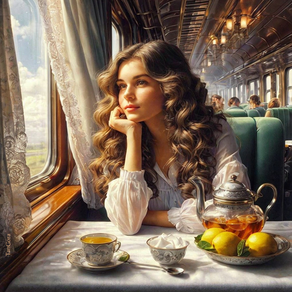 Young Woman in Vintage Train Carriage with Teapot
