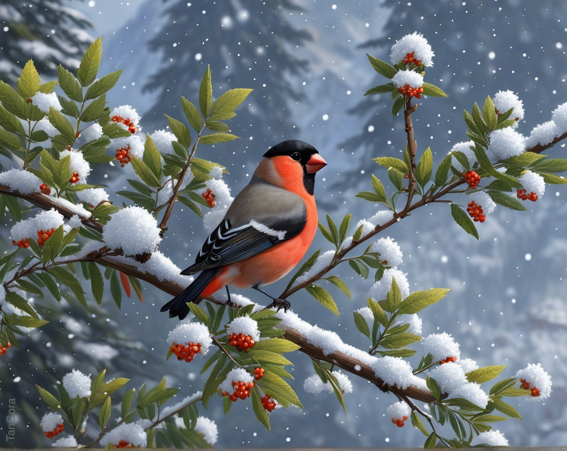 Bullfinch on Snowy Branch with Red Berries and Snowflakes