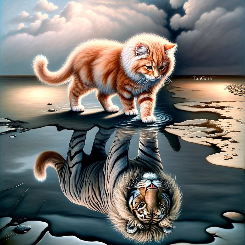 Whimsical Scene of Kitten and Tiger Reflection