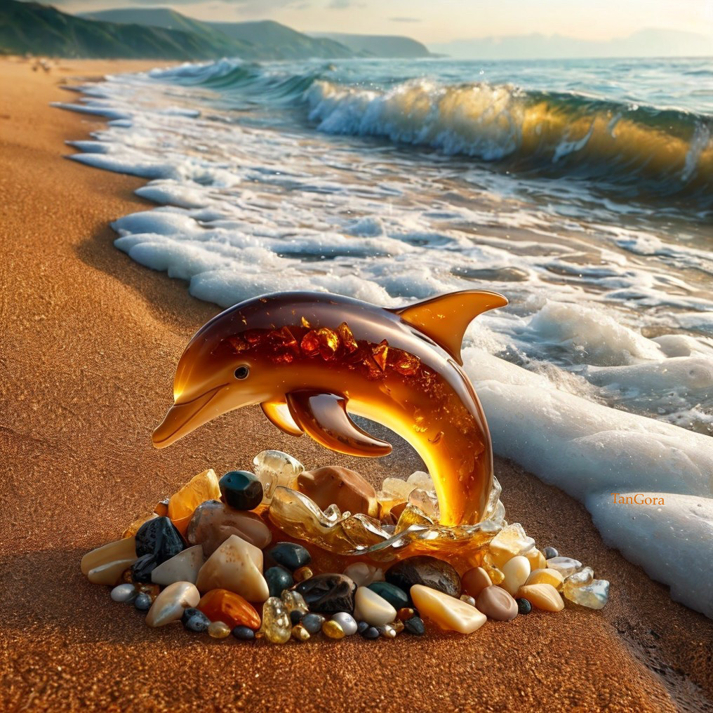 Glass Dolphin Among Colorful Pebbles on Beach