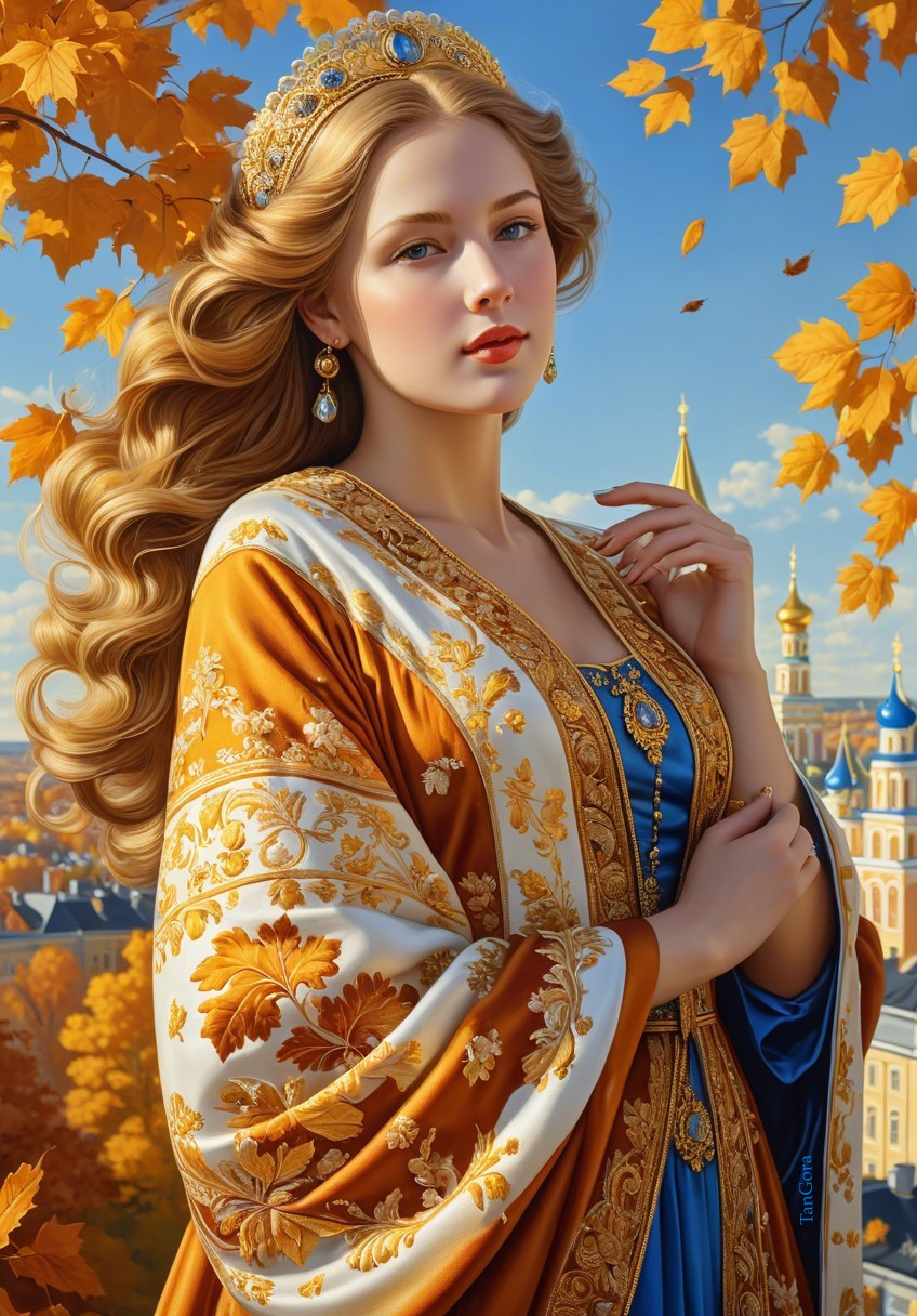 Young Woman in Ornate Gown Amid Autumn Leaves