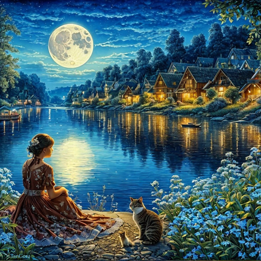 Serene Night Scene with Girl by Tranquil River