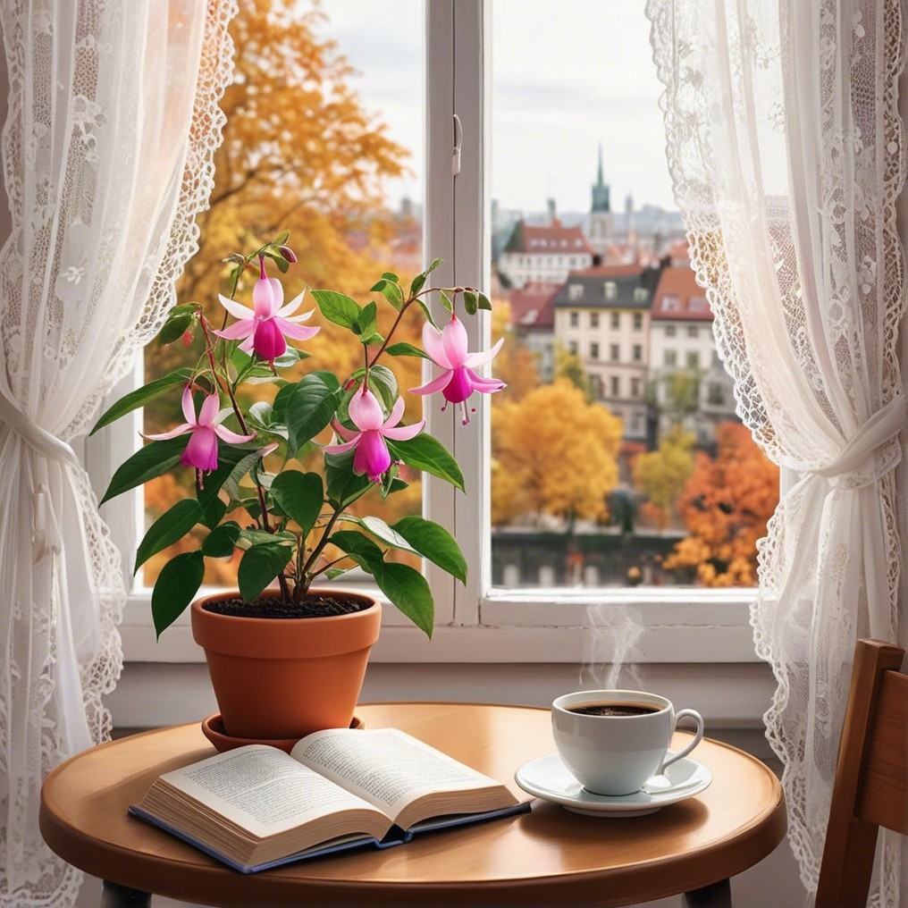 Cozy Indoor Scene with Fuchsia Plant and Autumn View