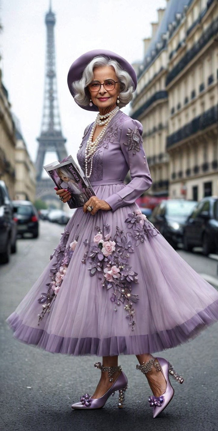 Elderly Woman in Lavender Dress by Eiffel Tower