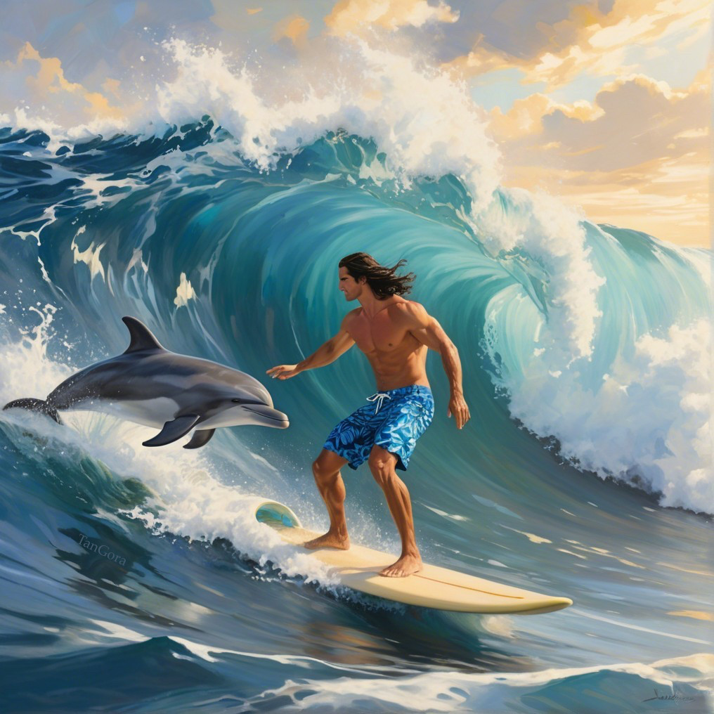 Surfer Riding Wave with Dolphin at Sunset Scene