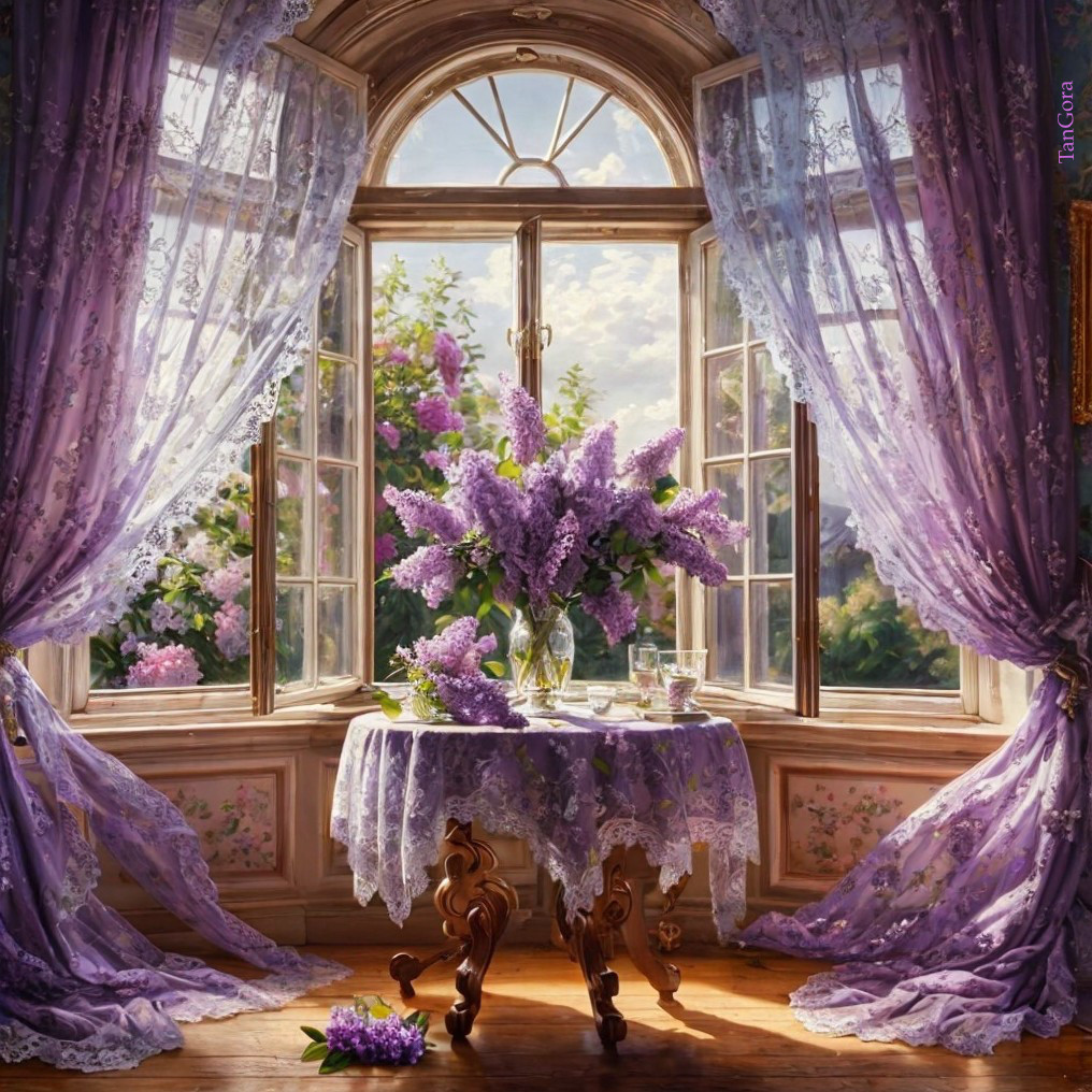 Cozy Room with Lavender Curtains and Garden View