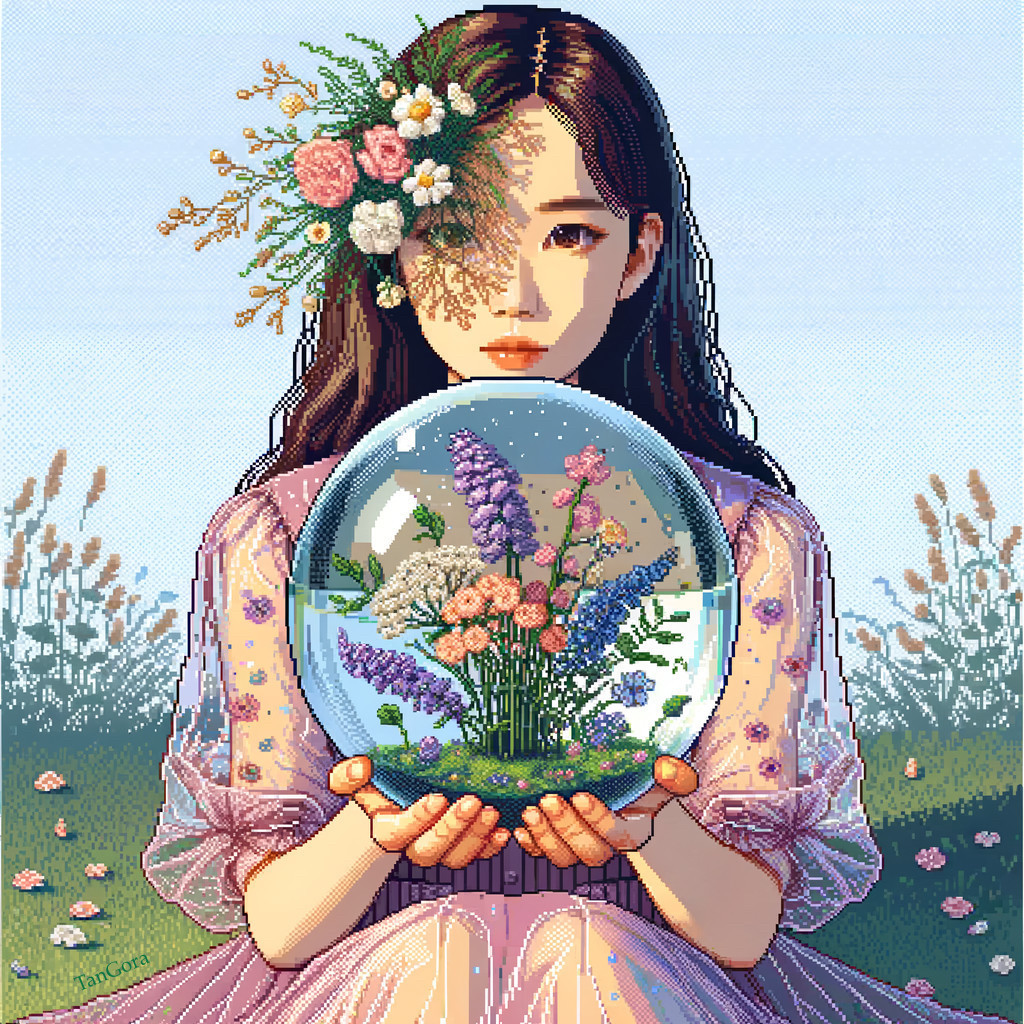 Young woman with flowers gazing at a glass orb
