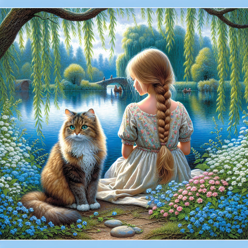 Young girl by tranquil lake with cat and greenery