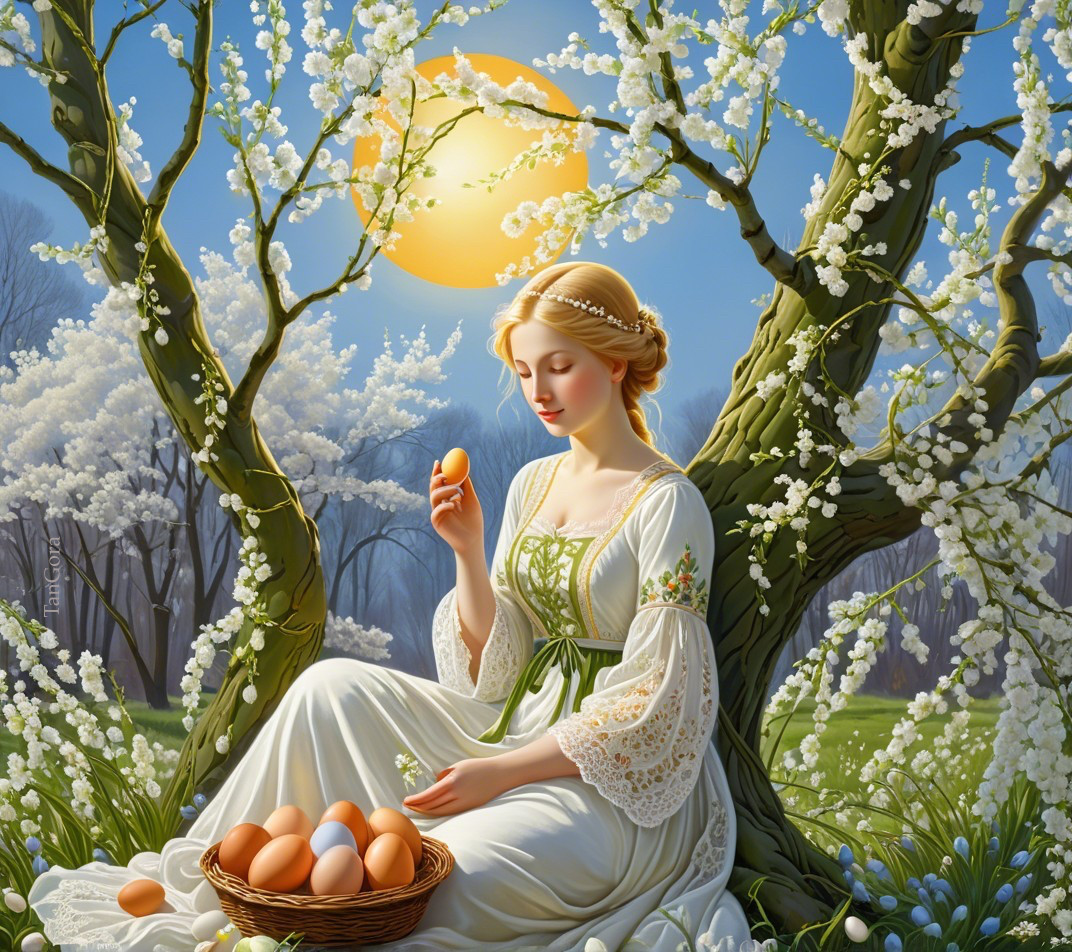 Young Woman in White Dress Under Flowering Trees