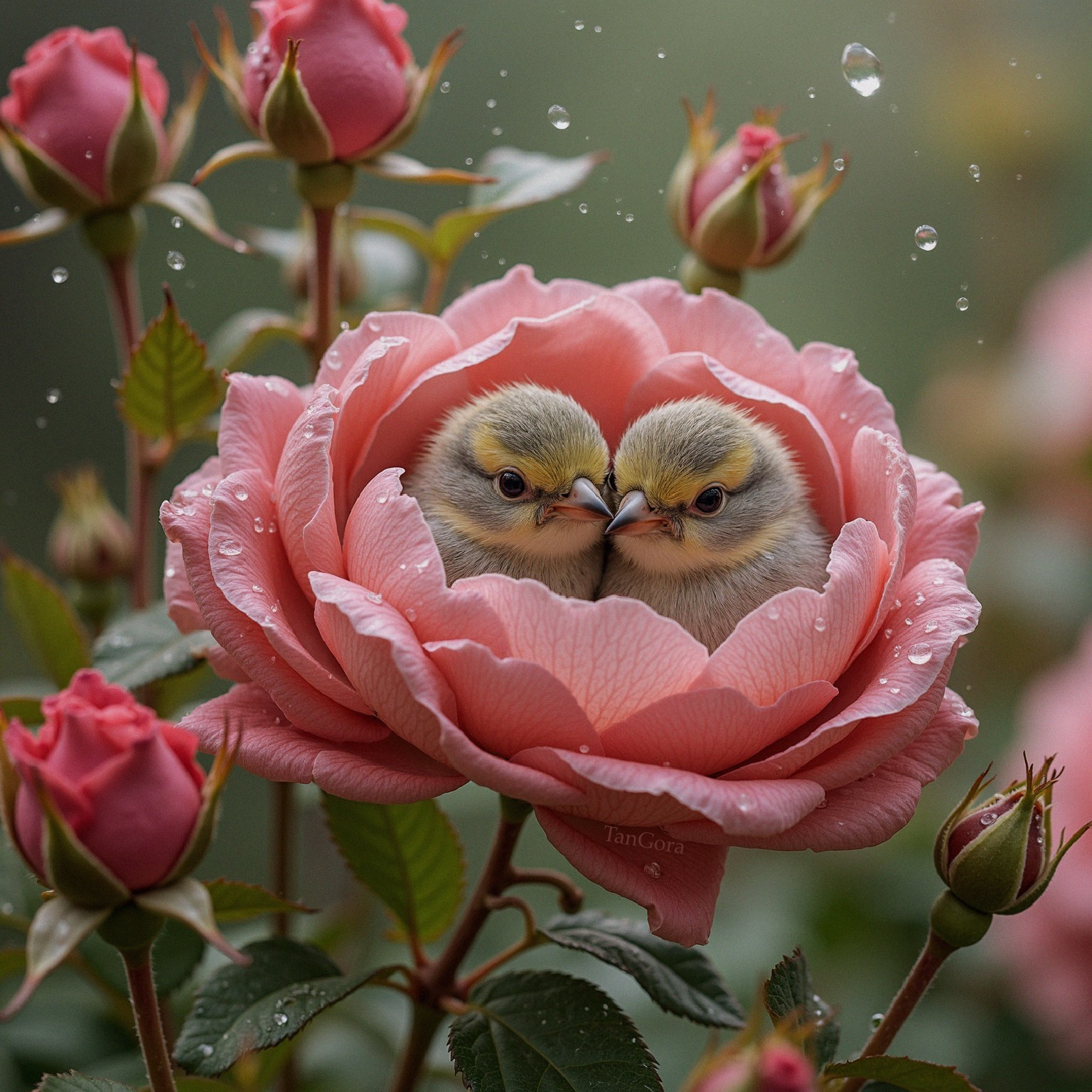 Chicks Nestled in a Pink Rose with Raindrops