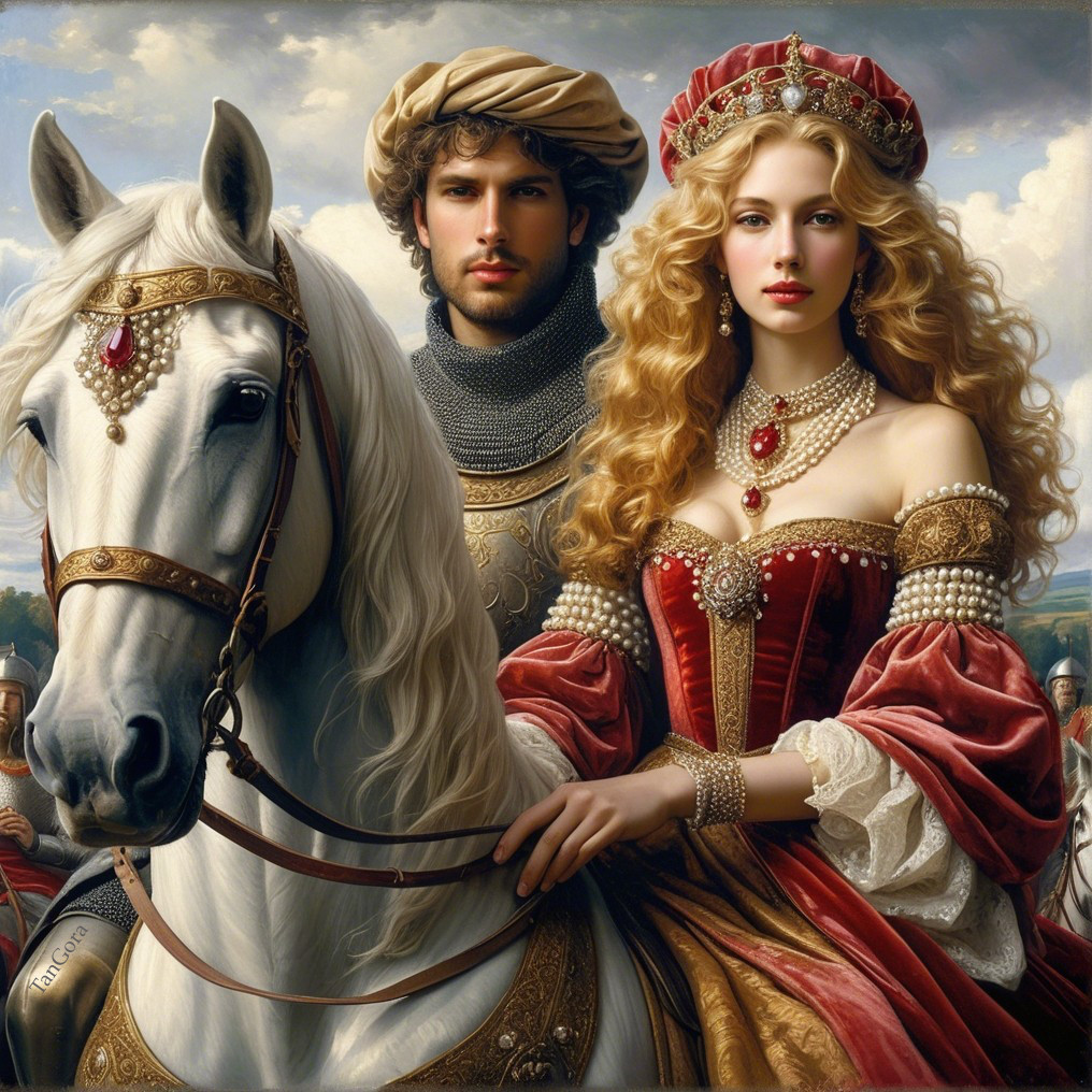 Regal Couple with White Horse in Medieval Setting