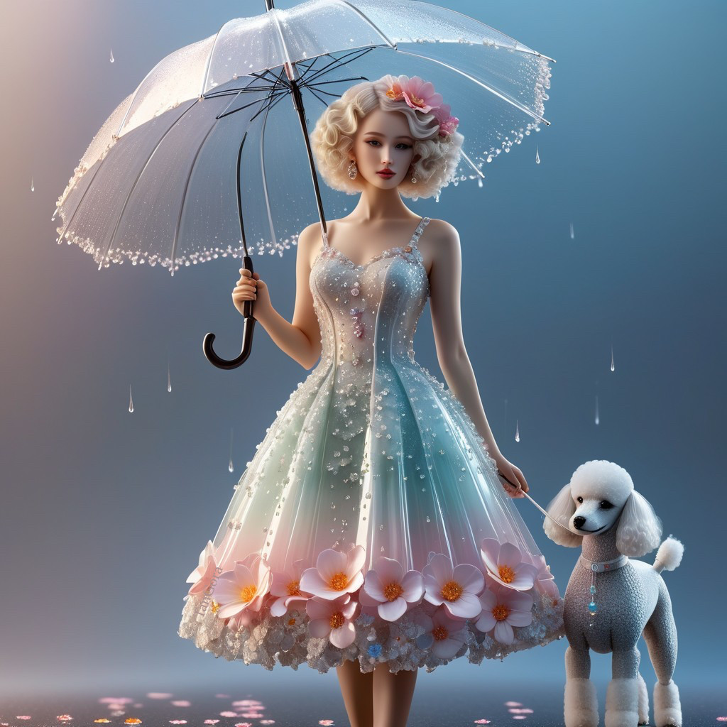 Pastel Dress and Umbrella with Fluffy Poodle Scene