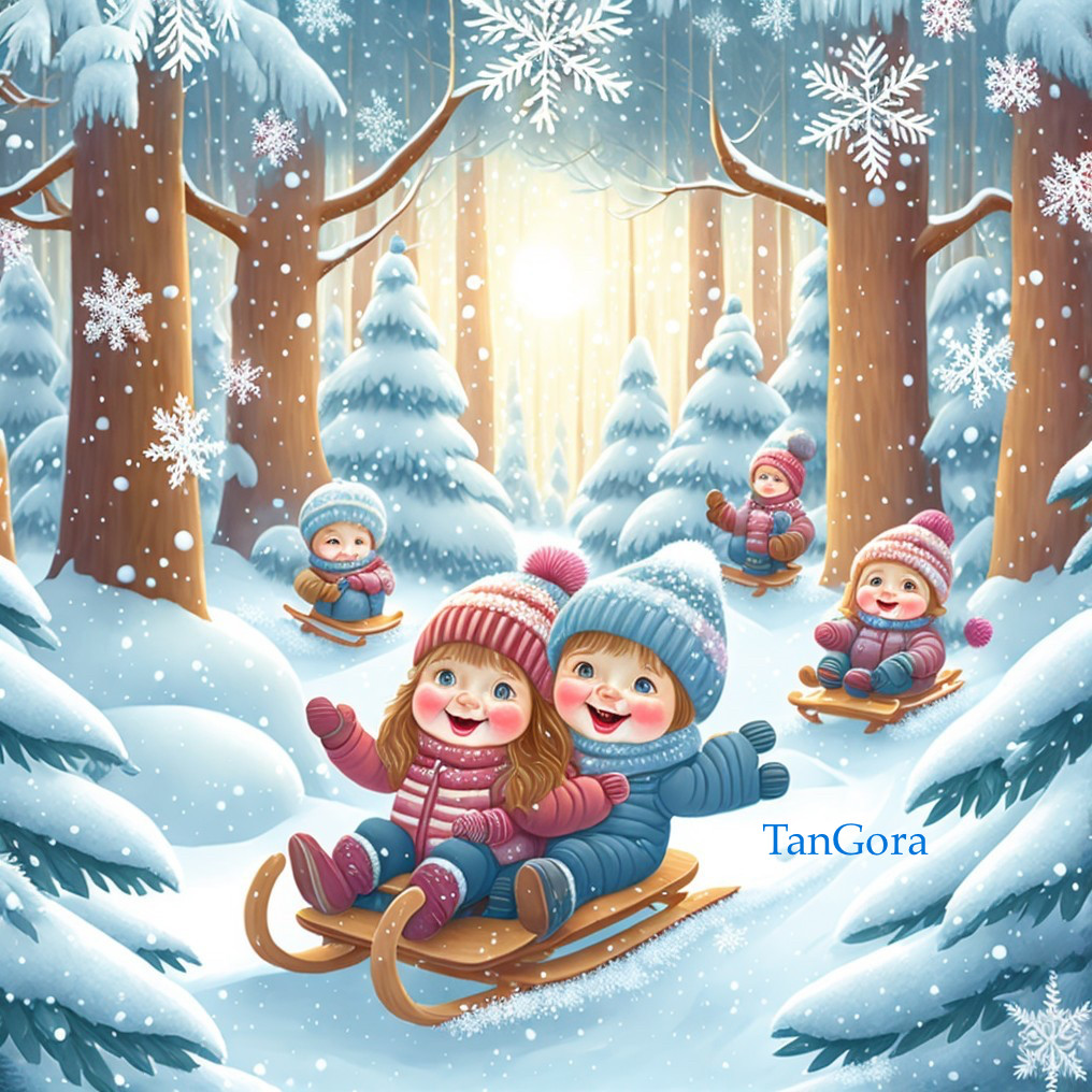 Children sled riding in snowy winter forest with falling snowflakes & snow-covered evergreen trees