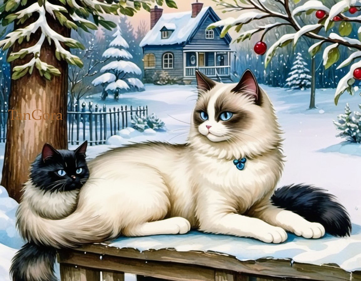 Fluffy Cats with Blue Eyes on a Wooden Ledge