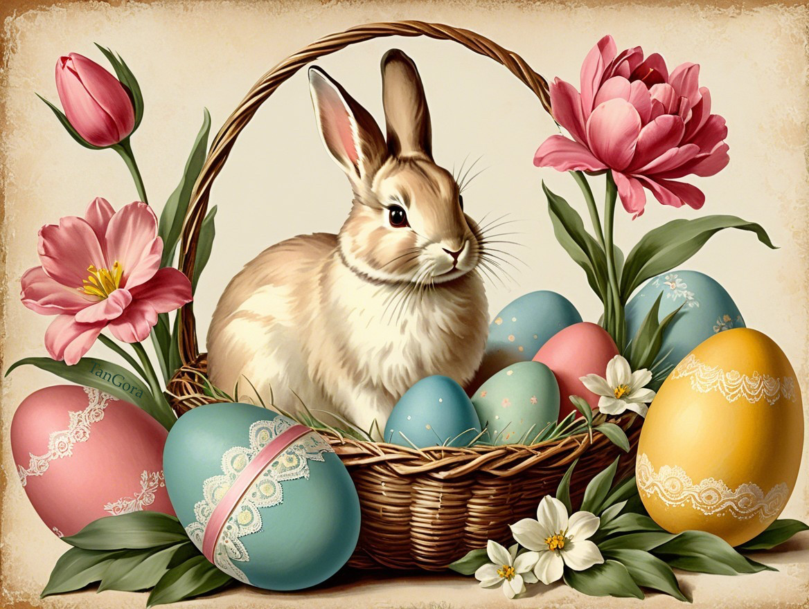Charming Rabbit in Basket with Colorful Easter Eggs