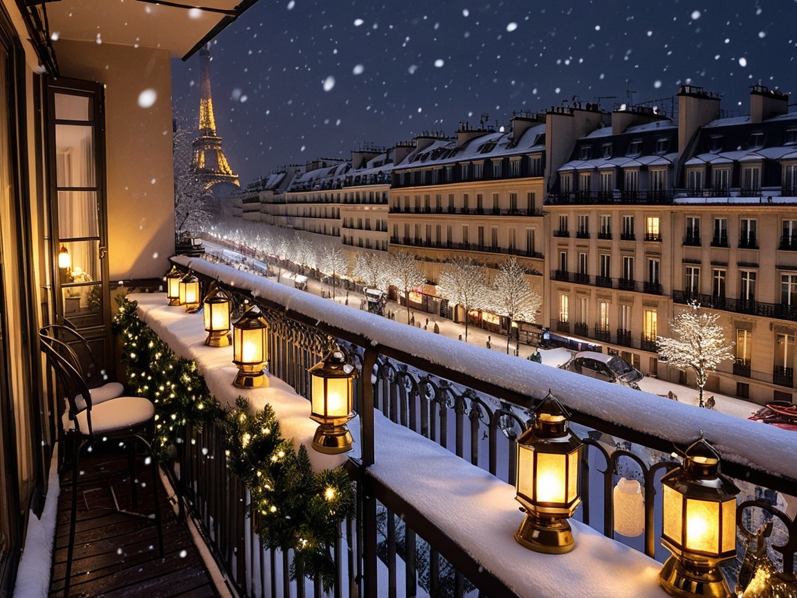 Snowy City Night Scene with Eiffel Tower View