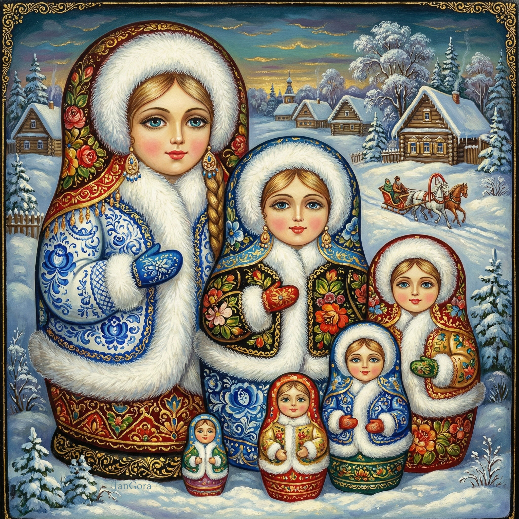 Intricate Painting of Russian Matryoshka Dolls in Winter