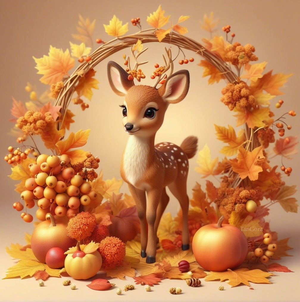 Stylized deer in vibrant autumn setting with foliage