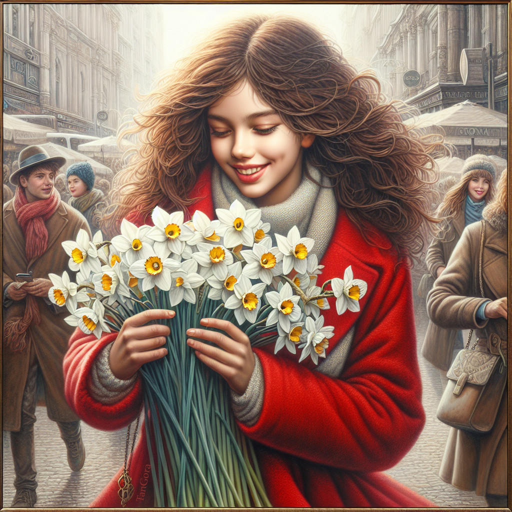 Young woman in red coat with daffodils at market