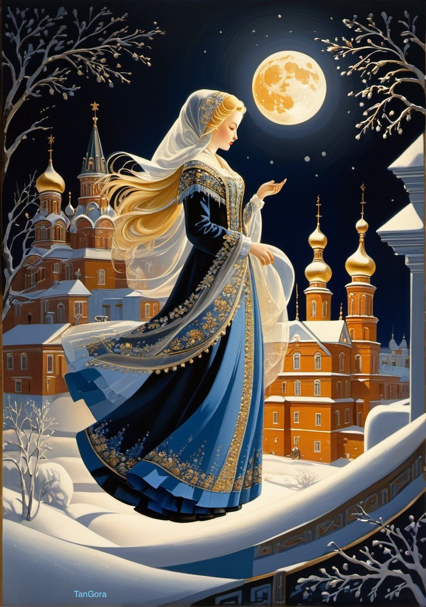 Illustration of woman in Russian dress under full moon