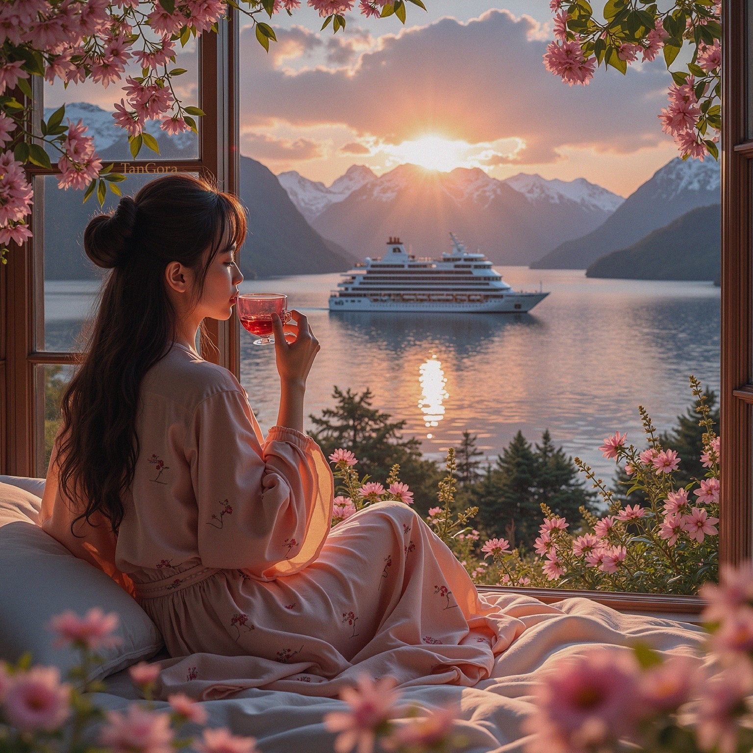 Woman by Window Overlooking Lake and Mountains