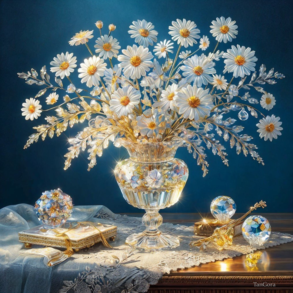 White Daisies in Crystal Vase with Golden Accents