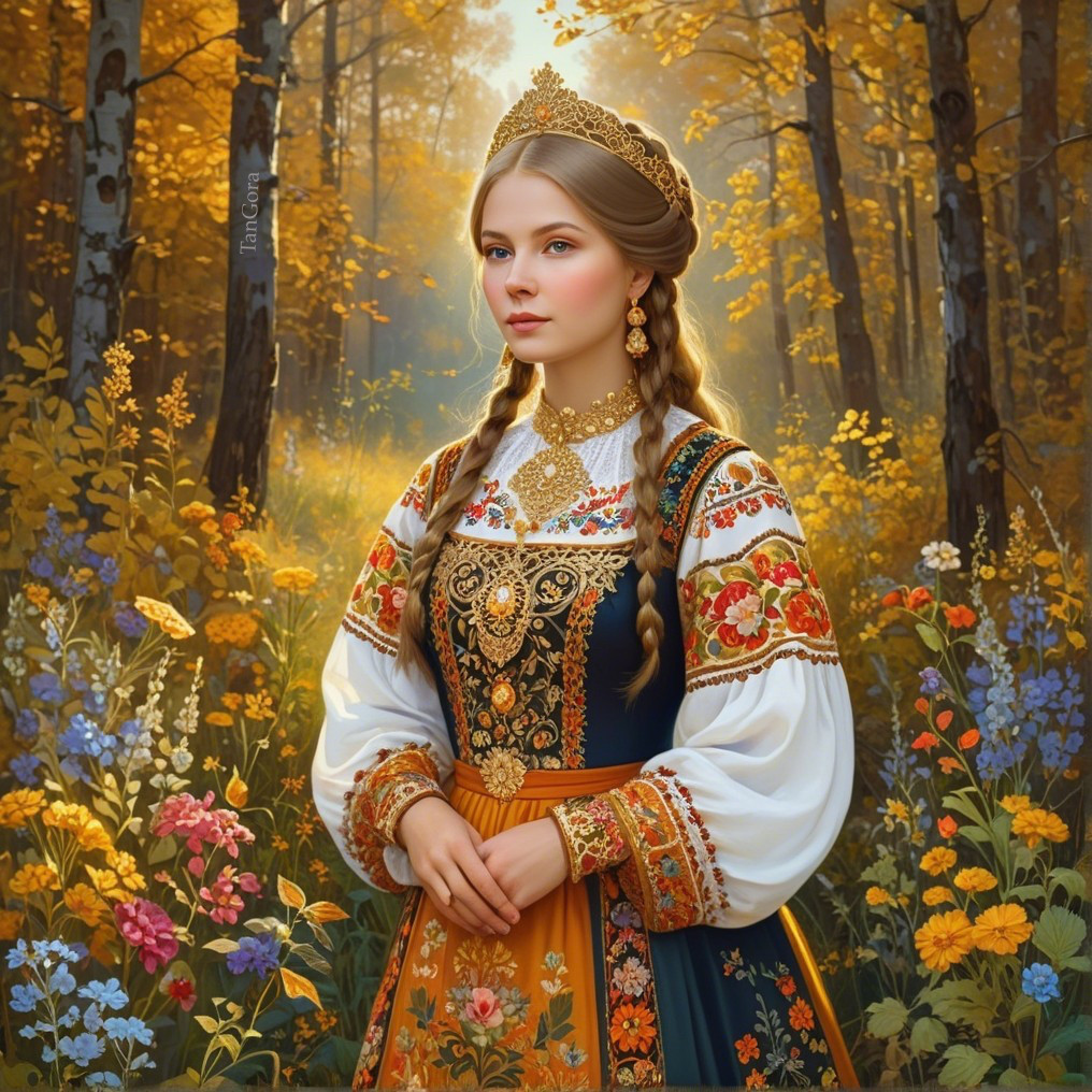 Young Woman in Ornate Dress in Vibrant Autumn Forest