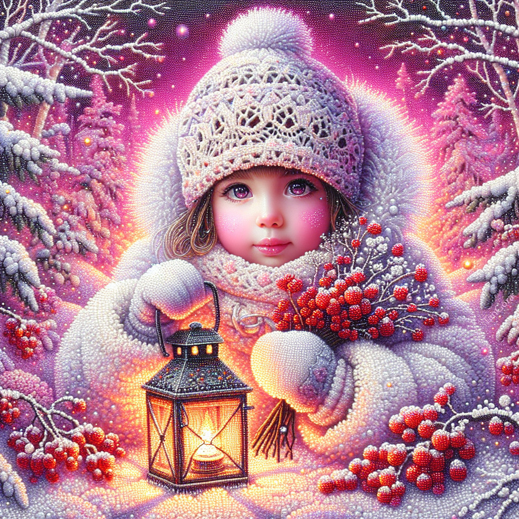 Winter Wonderland with Girl, Lantern, and Snowy Trees