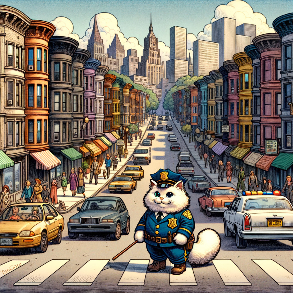 Fluffy White Cat in Police Uniform at City Crosswalk