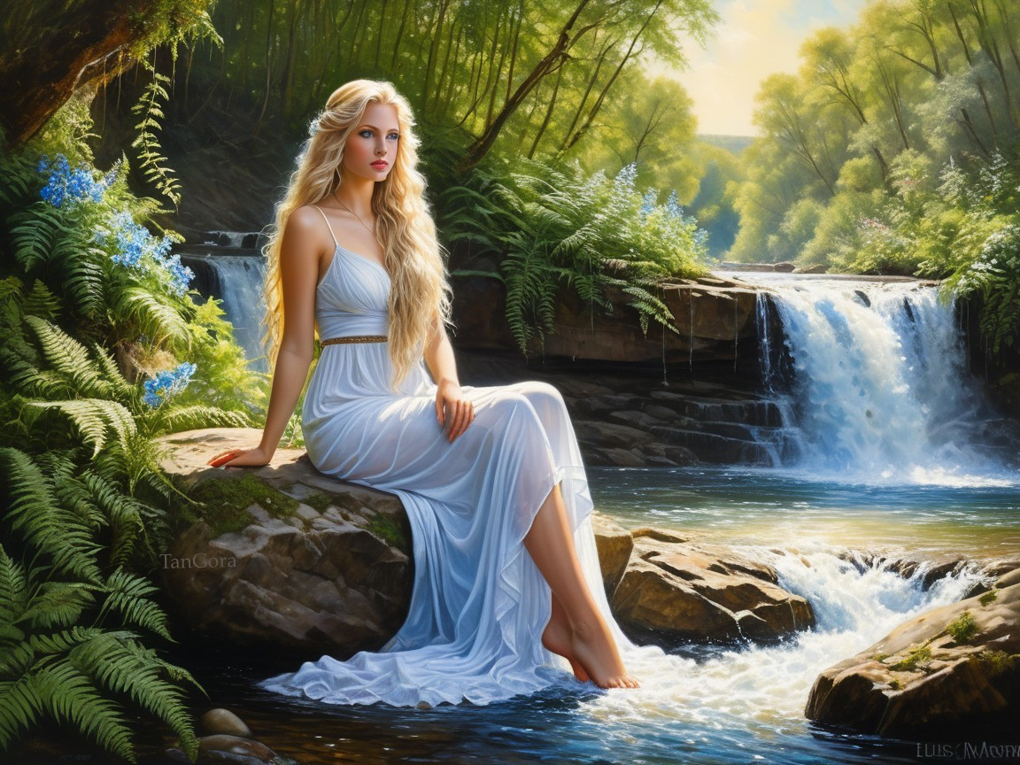 Serene Woman in White Dress by Tranquil Stream