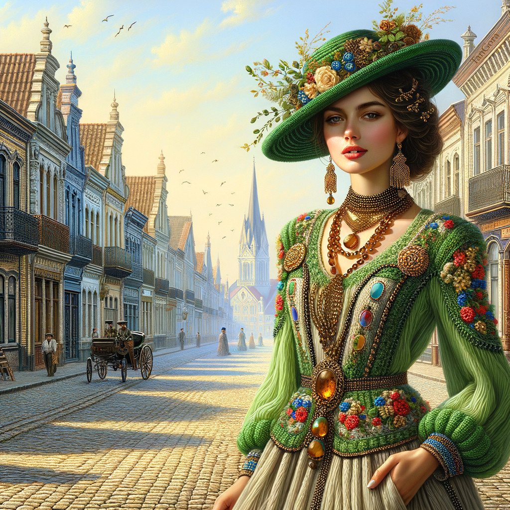 Woman in Green Dress on Quaint Cobblestone Street