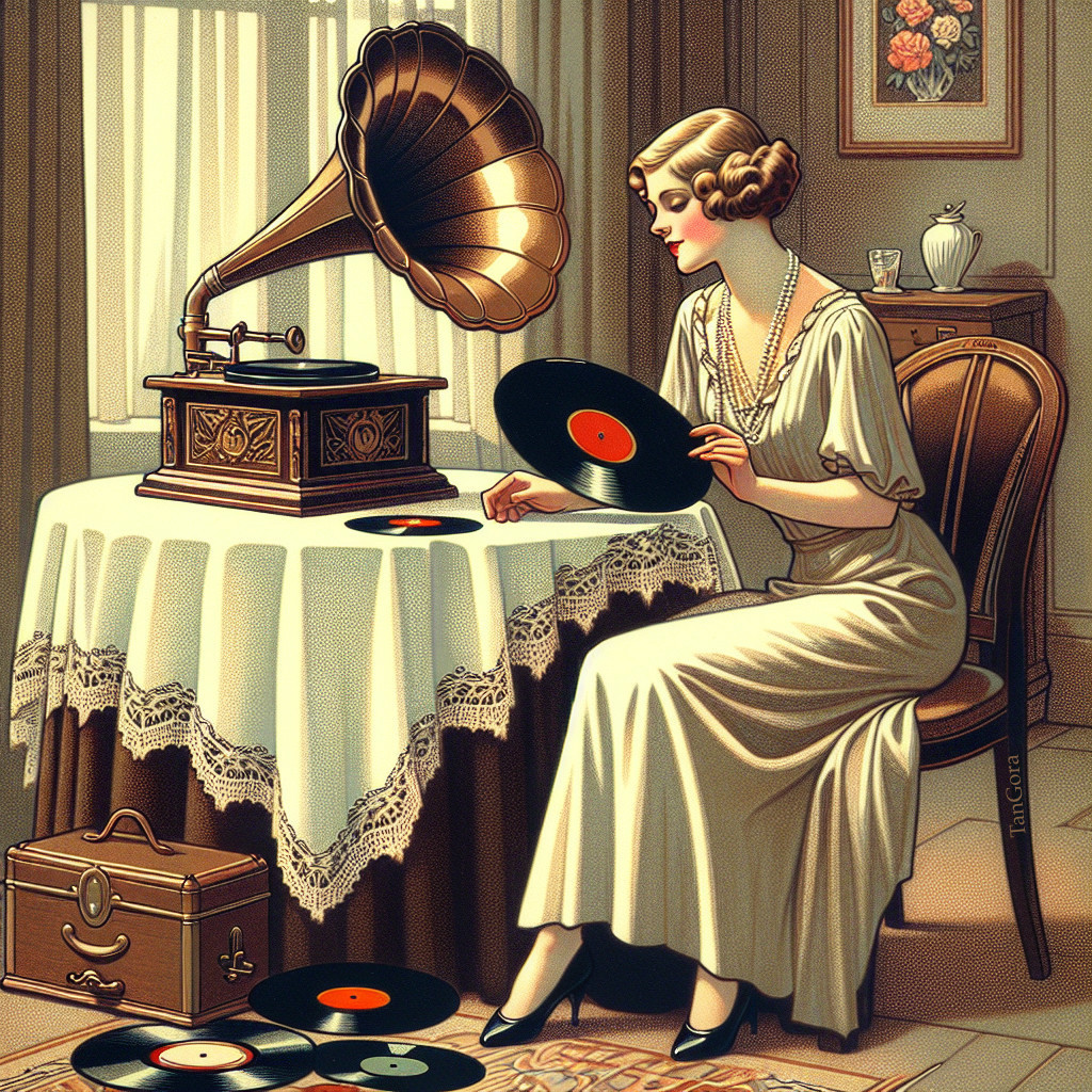 Vintage Scene of Woman with Gramophone and Records