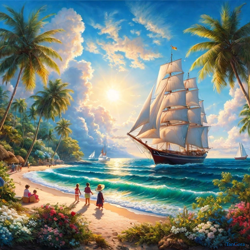Vibrant Beach Scene with Sailing Ship and Palm Trees