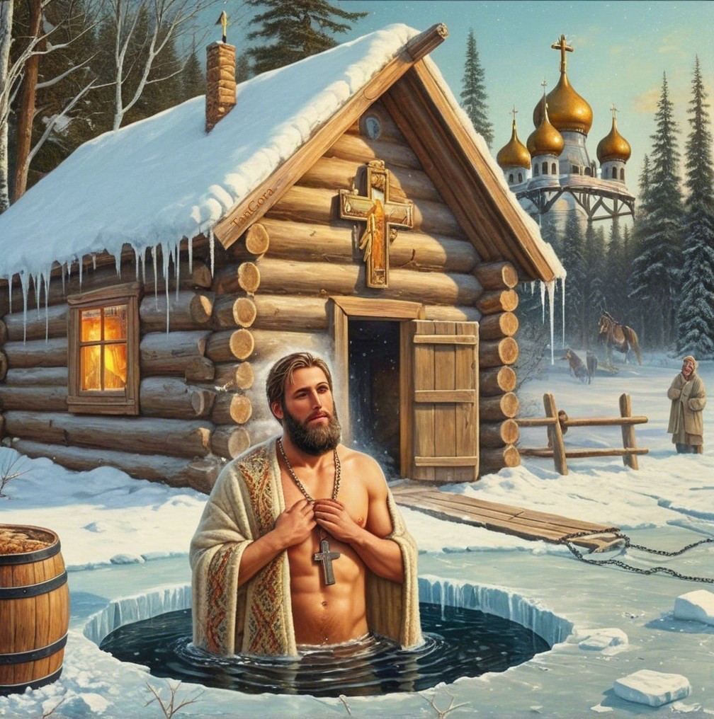Winter Scene with Cabin, Trees, and Spiritual Figure
