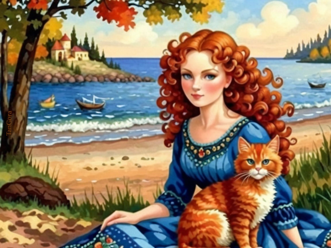 Serene Beach Scene with Woman and Cat by Coastline