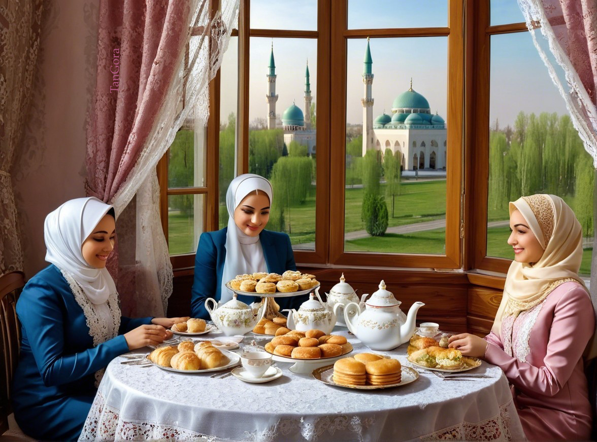 Elegant Tea Gathering with Scenic Mosque View