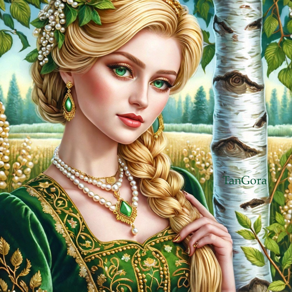 Woman in Green Dress by Birch Tree in Field