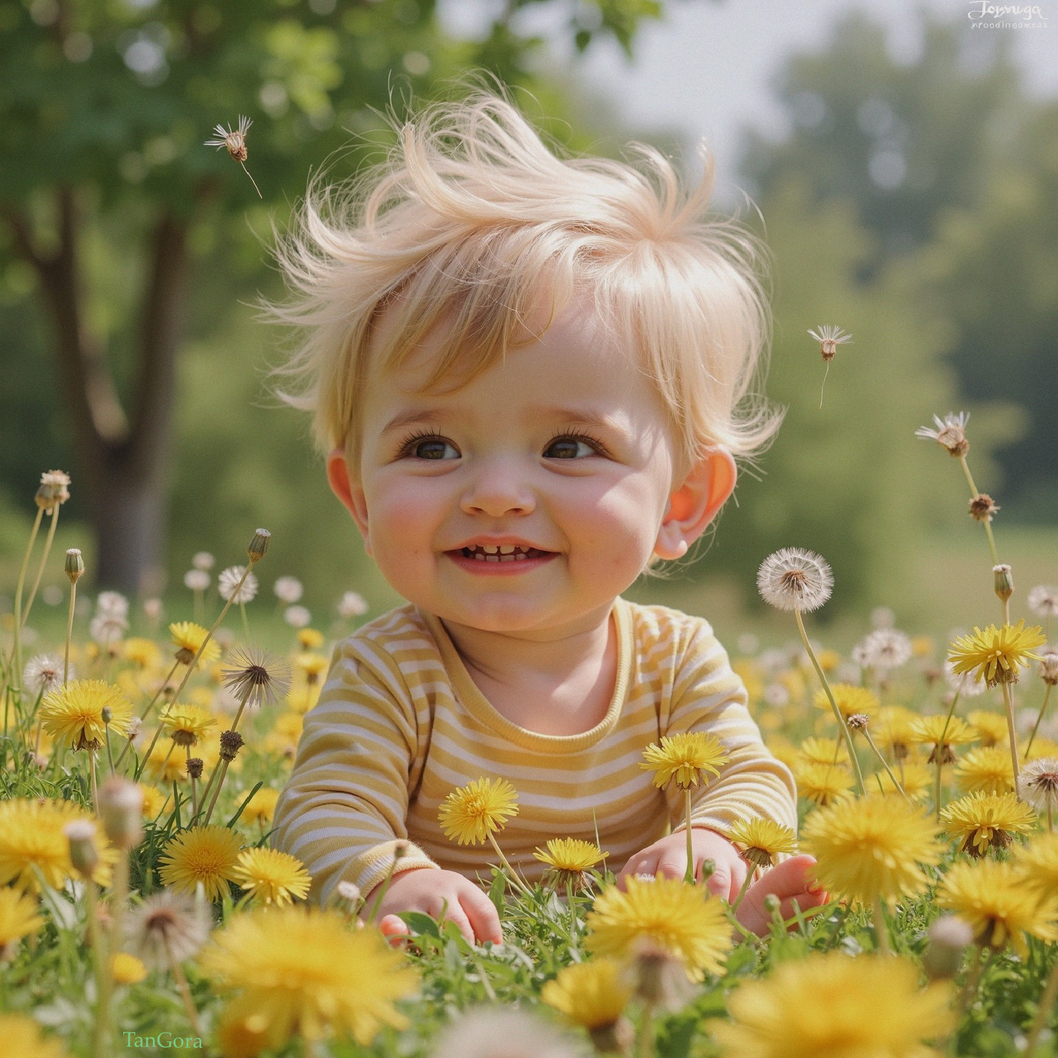 Toddler in a Field of Dandelions Under Bright Sunlight