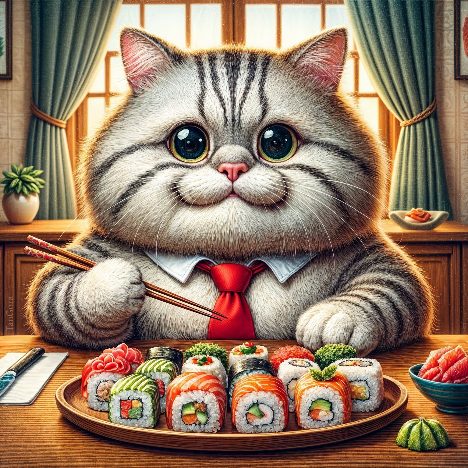 Fluffy Cat in Tie Enjoys Sushi at Cozy Table