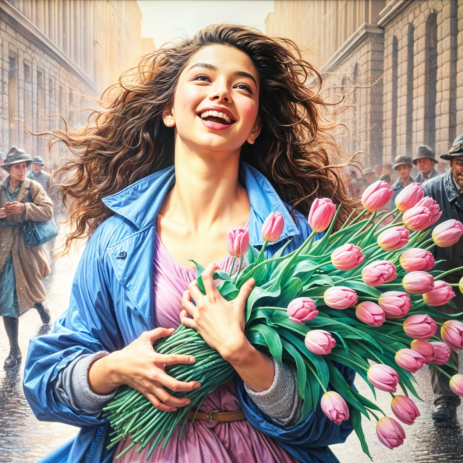 Young woman with tulips in a vibrant street scene