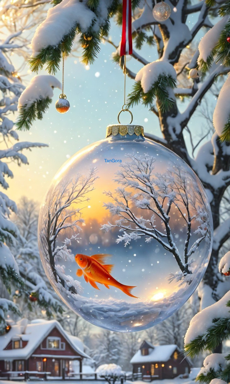 Transparent Christmas ornament with goldfish, snowy trees, sunrise, and cozy houses.