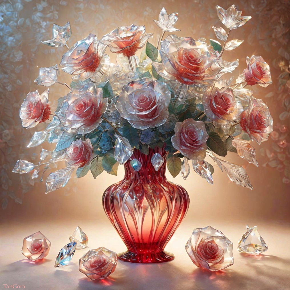 Crystal Roses in Pink and Clear Glass in Red Vase