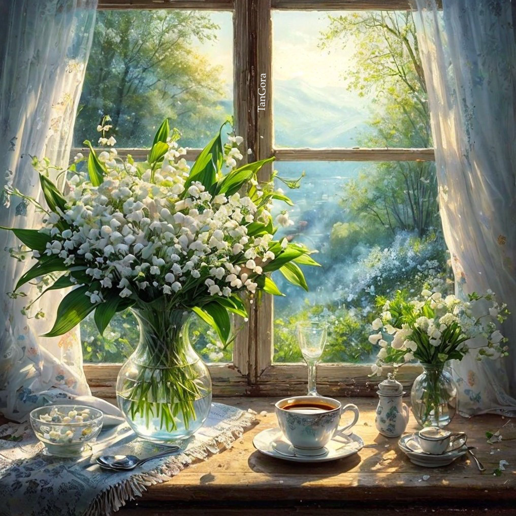 Serene Windowsill with White Flowers and Coffee