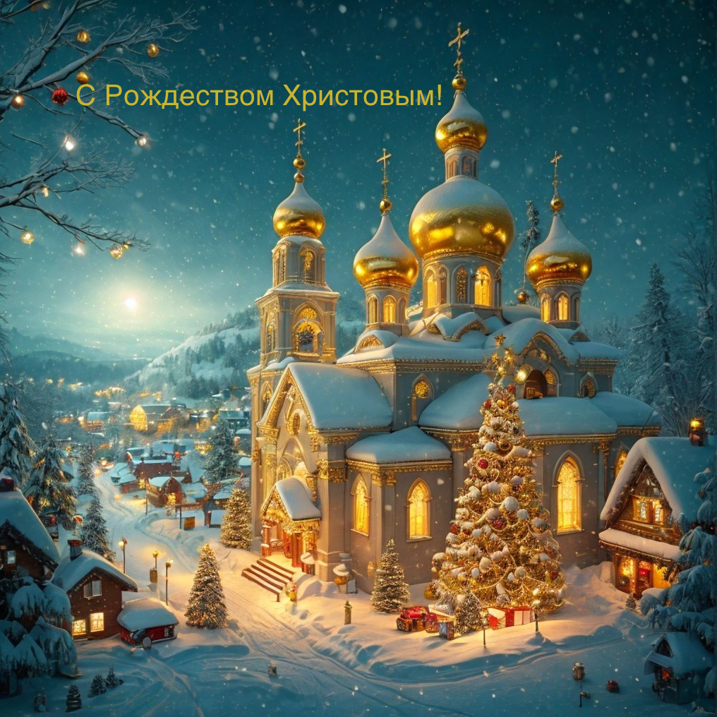 Snow-covered Orthodox church with illuminated Christmas tree in winter village.