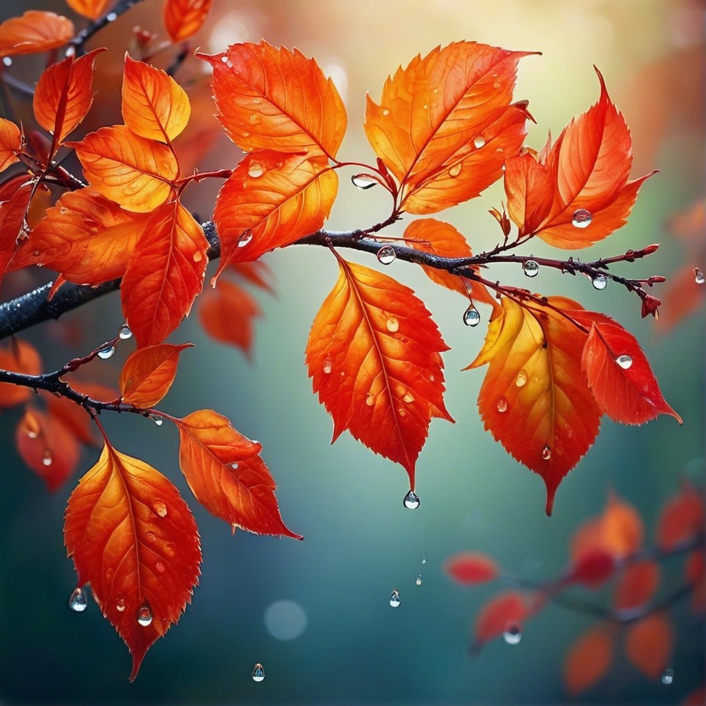 Vibrant Autumn Leaves with Water Droplets on Branch