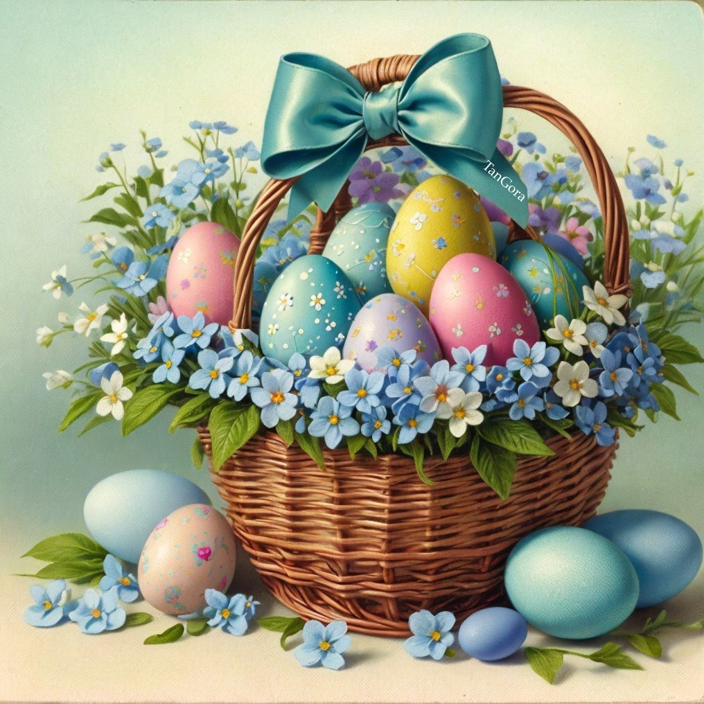 Wicker Basket with Blue Bow and Easter Eggs