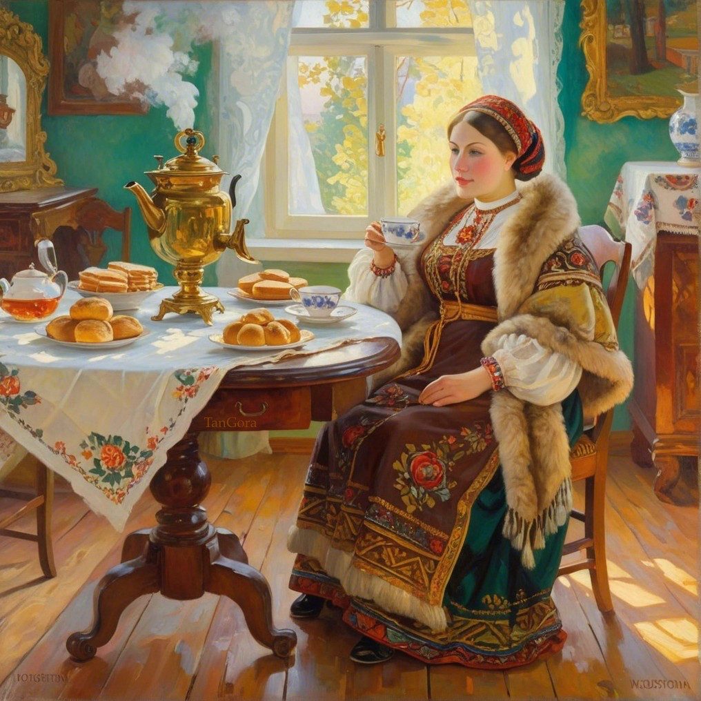 Woman in traditional attire enjoying tea in cozy setting