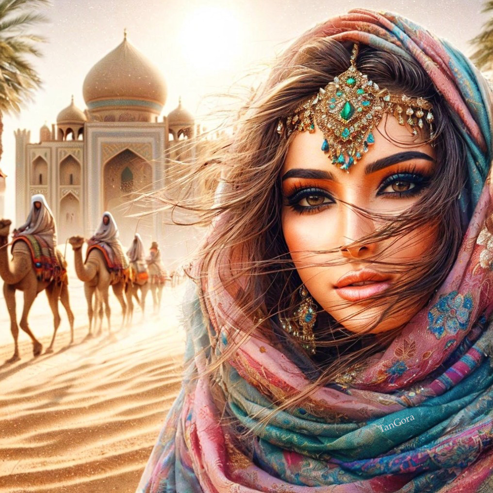 Woman in Desert with Jewelry and Majestic Architecture