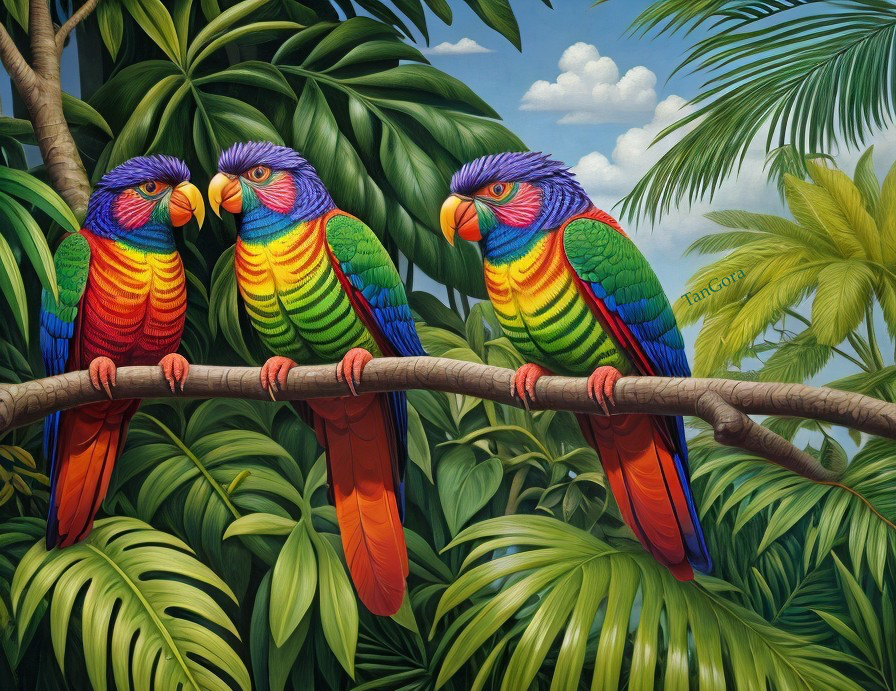 Colorful Parrots in Tropical Foliage Under Blue Sky